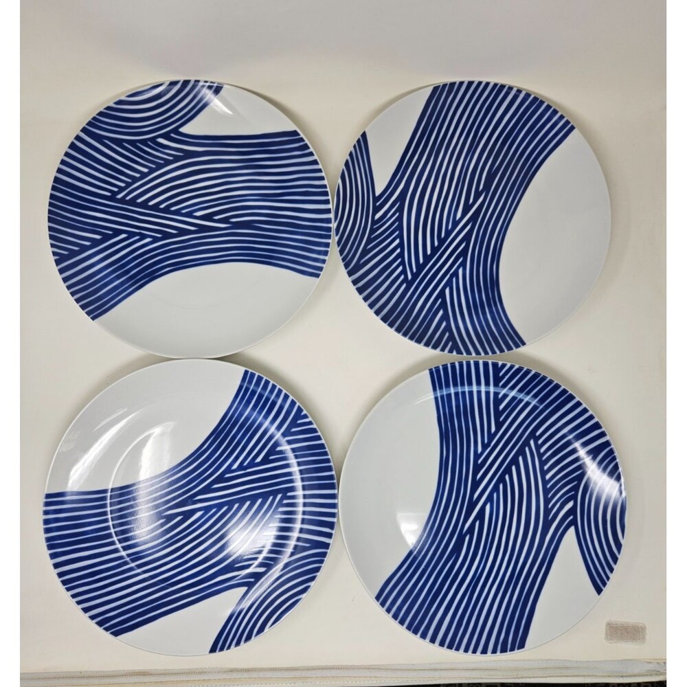 WEST ELM WAVE DINNER PLATES John Newdigate Ceramics Lot of 4 Blue Lines 10 Inch
